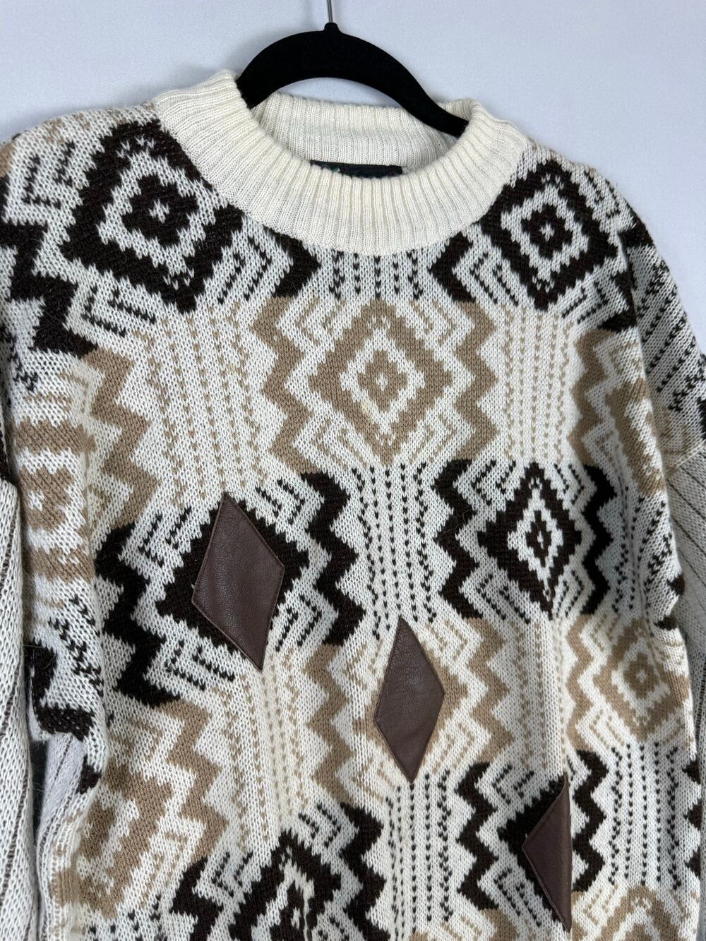 Vintage Gian Alberto Italy Wool Sweater Men M Leather Geometric 80s Grandpa